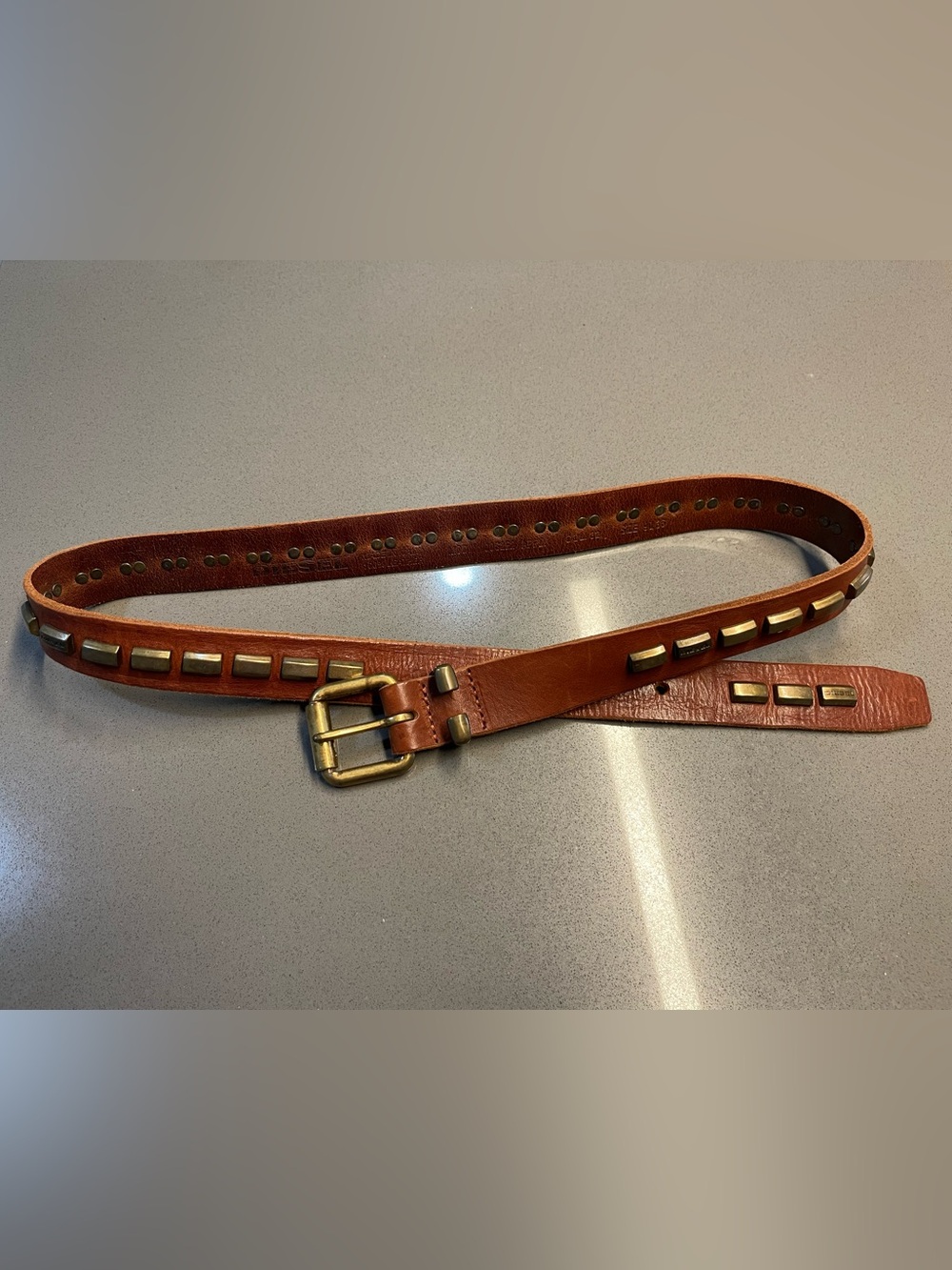 Diesel Brown Genuine Leather Belt with Brass Studs and Buckle Size 90